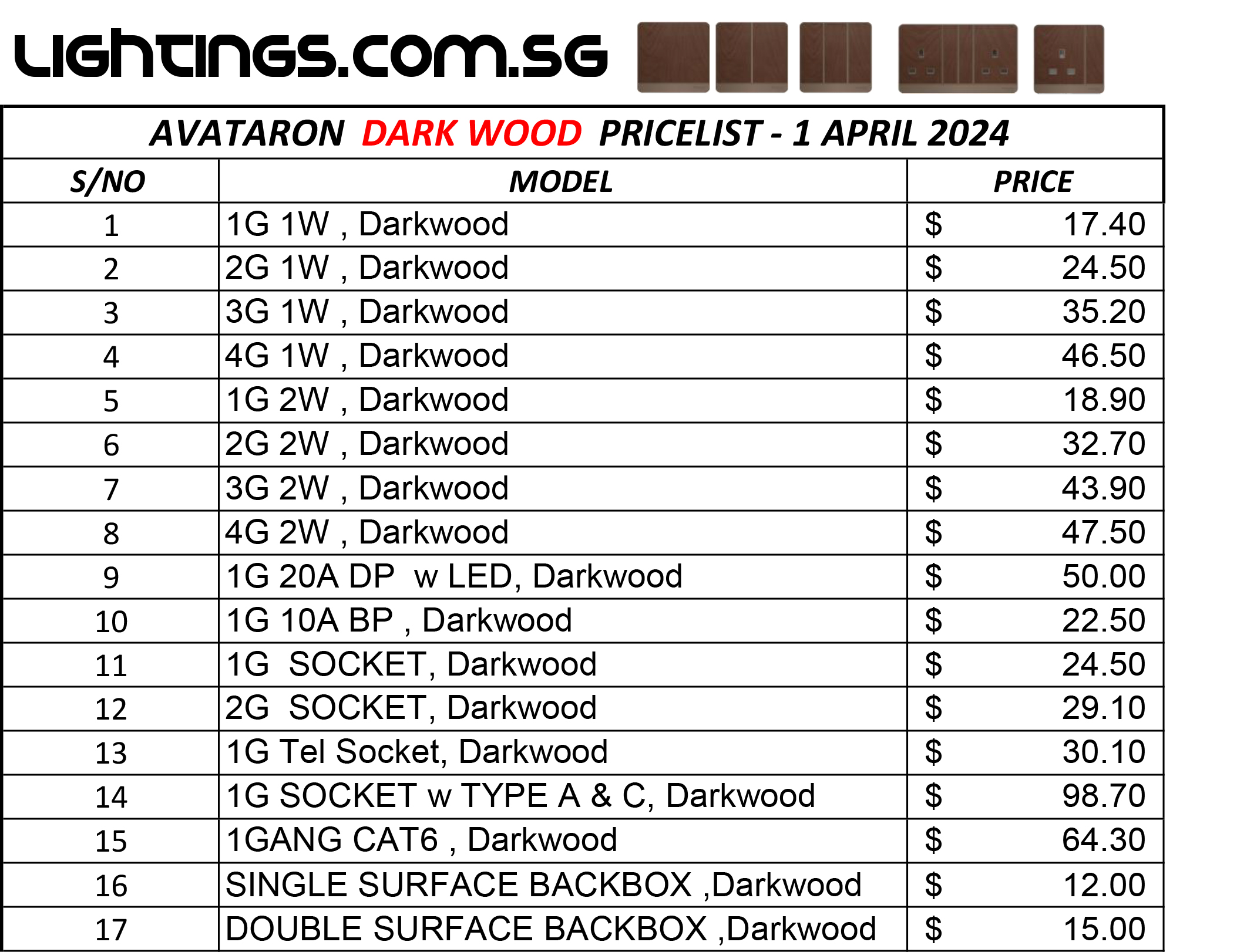 AVATARON DARK WOOD PRICELIST 1 APRIL 2024